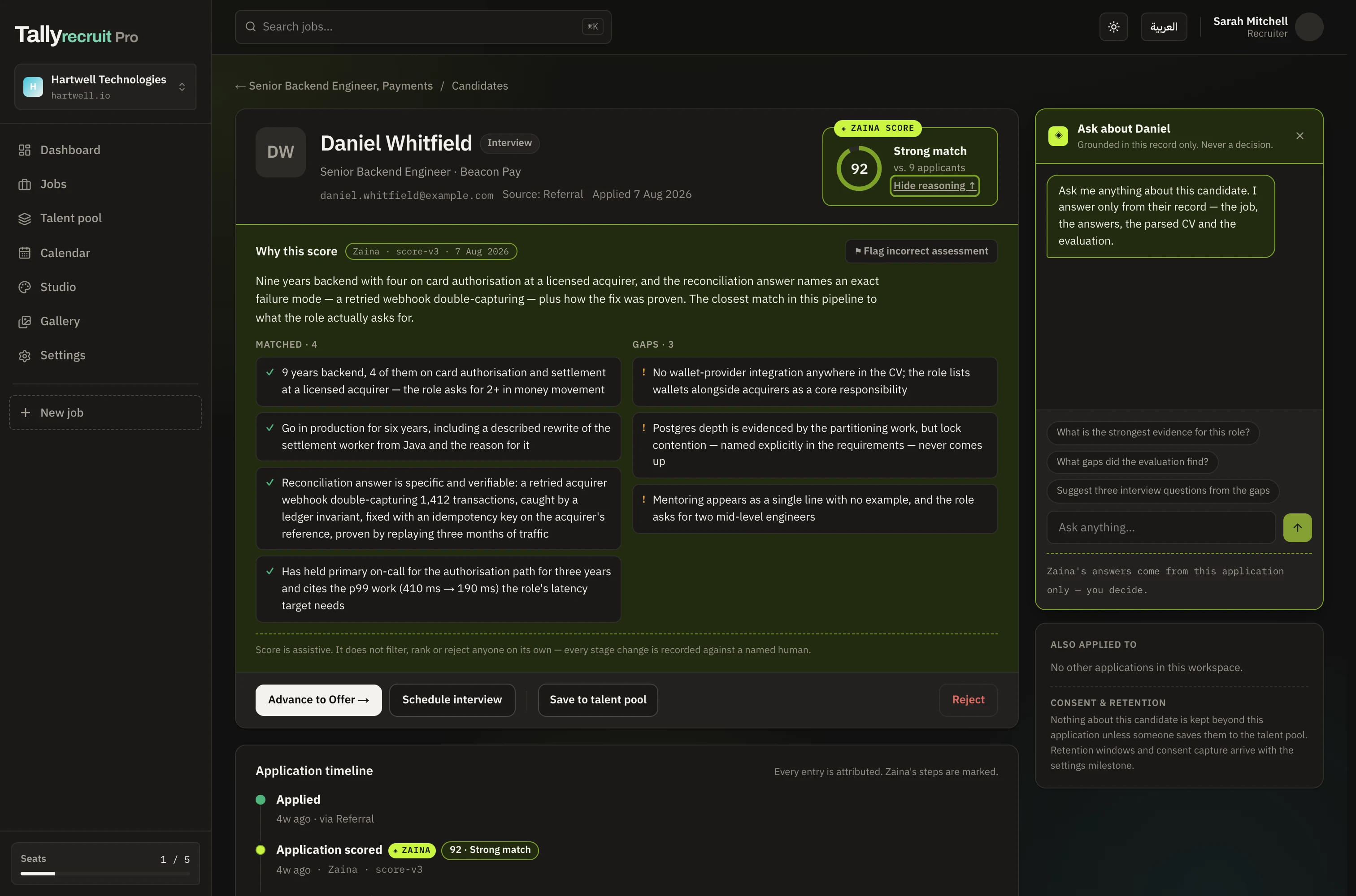 A candidate profile in Tallyrecruit, with Zaina answering a question and citing the CV