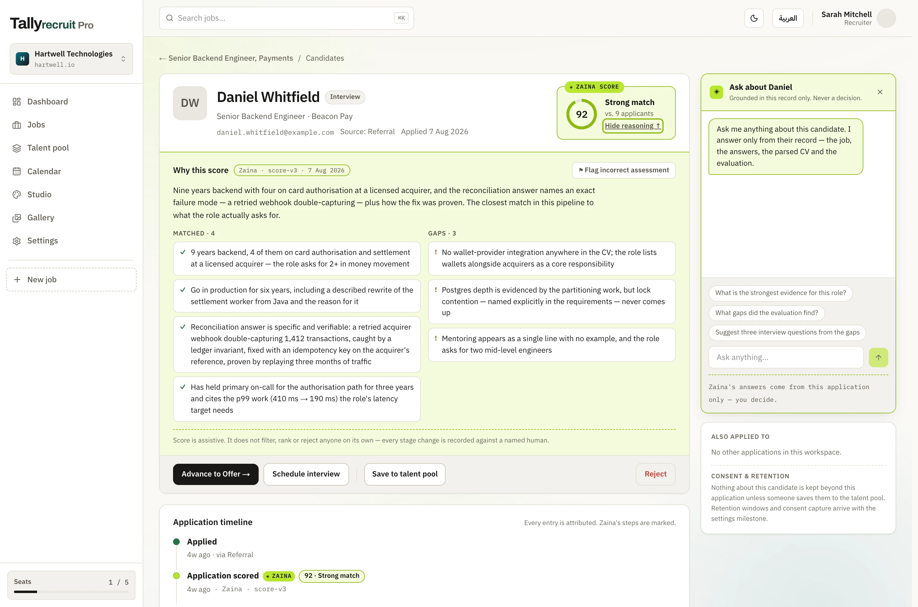 A candidate profile in Tallyrecruit, with Zaina answering a question and citing the CV