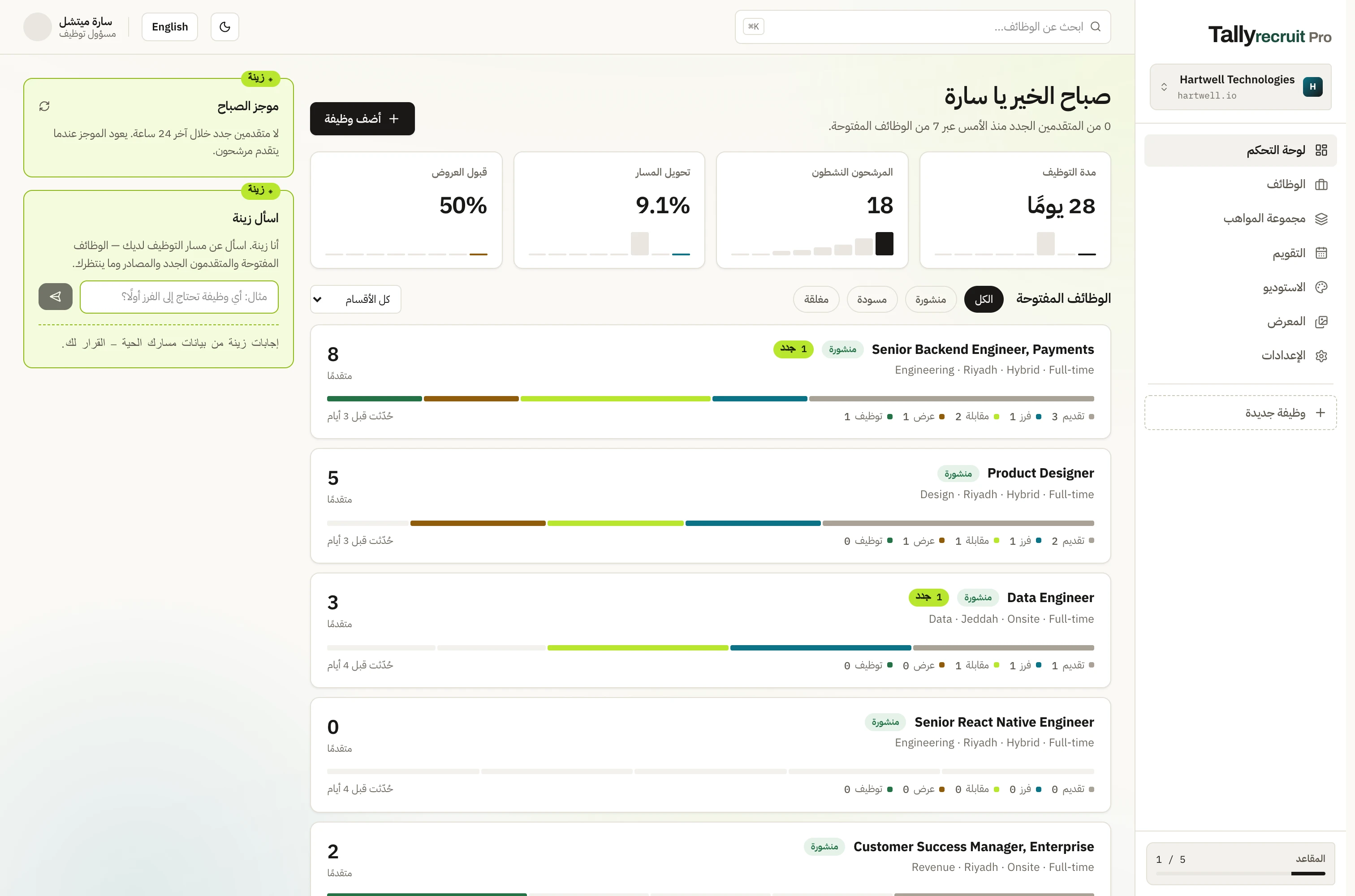 لوحة متابعة تالي ريكروت: الوظائف المفتوحة وأعداد المراحل وموجز الليلة