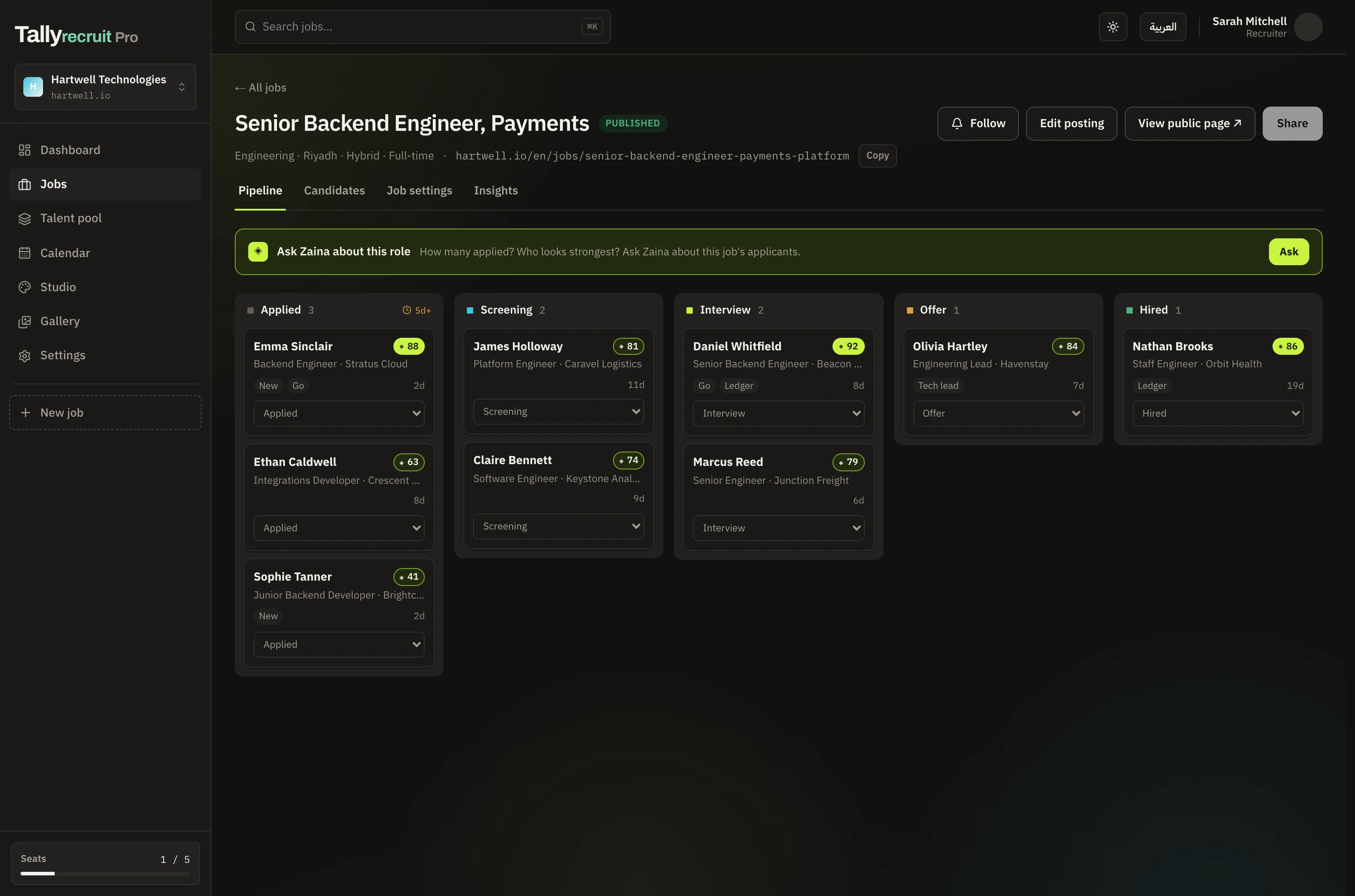 A job pipeline in Tallyrecruit with ranked applicants and their scores