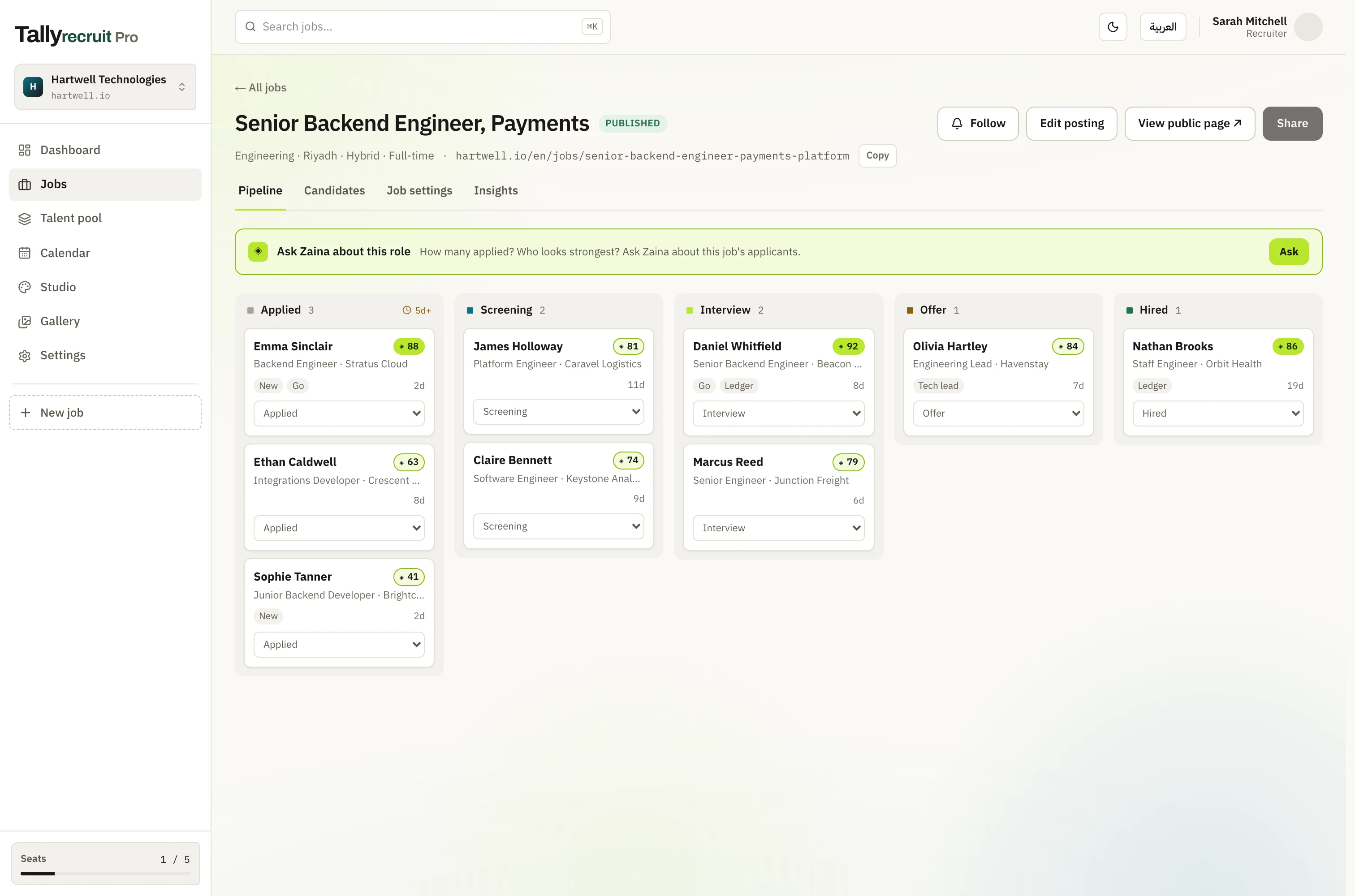 A job pipeline in Tallyrecruit with ranked applicants and their scores