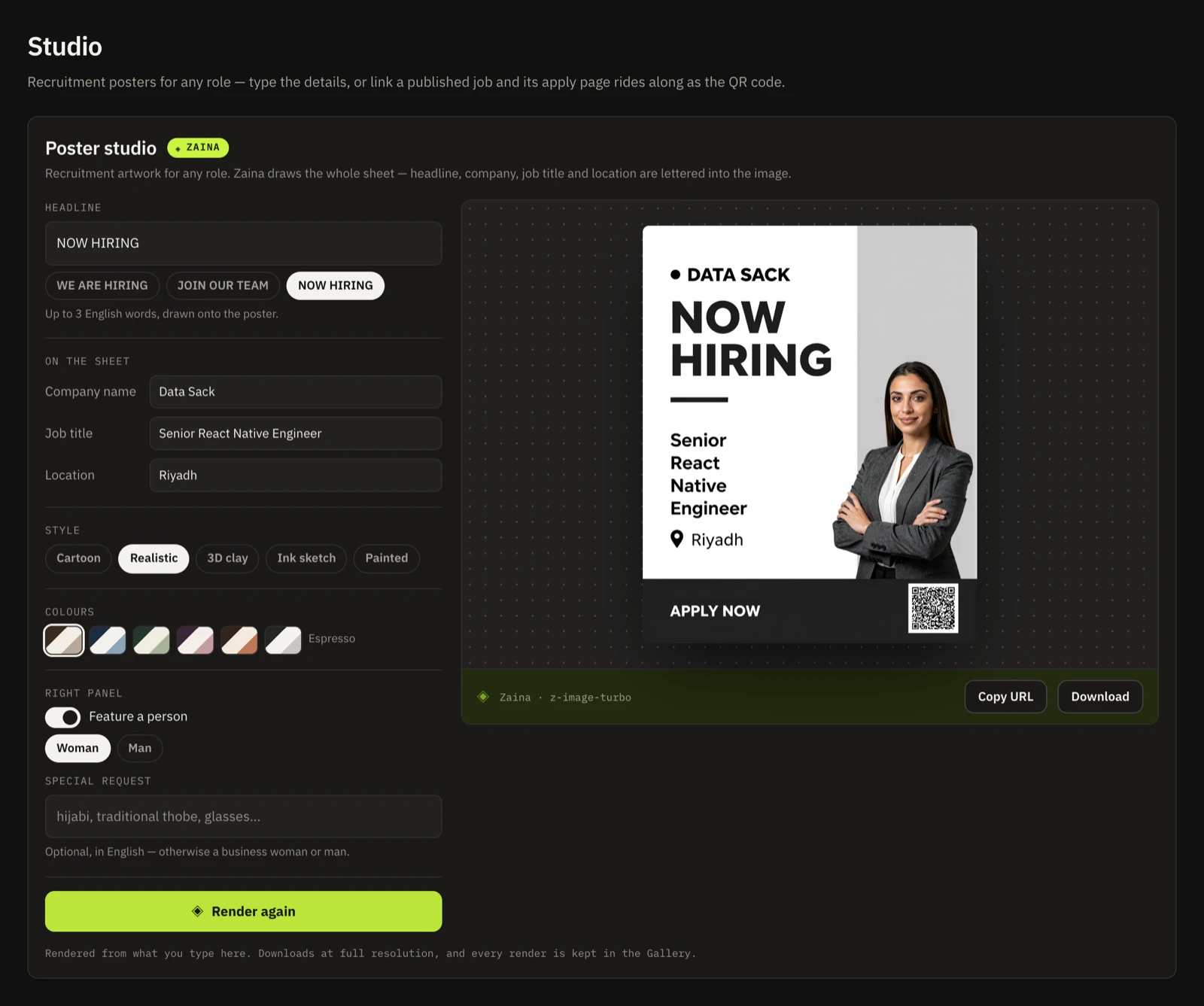 The Tallyrecruit poster studio, with a rendered hiring poster for a job