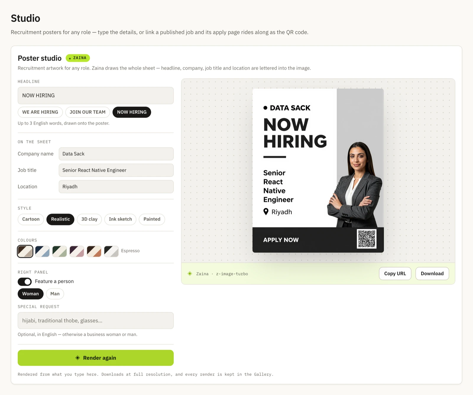 The Tallyrecruit poster studio, with a rendered hiring poster for a job