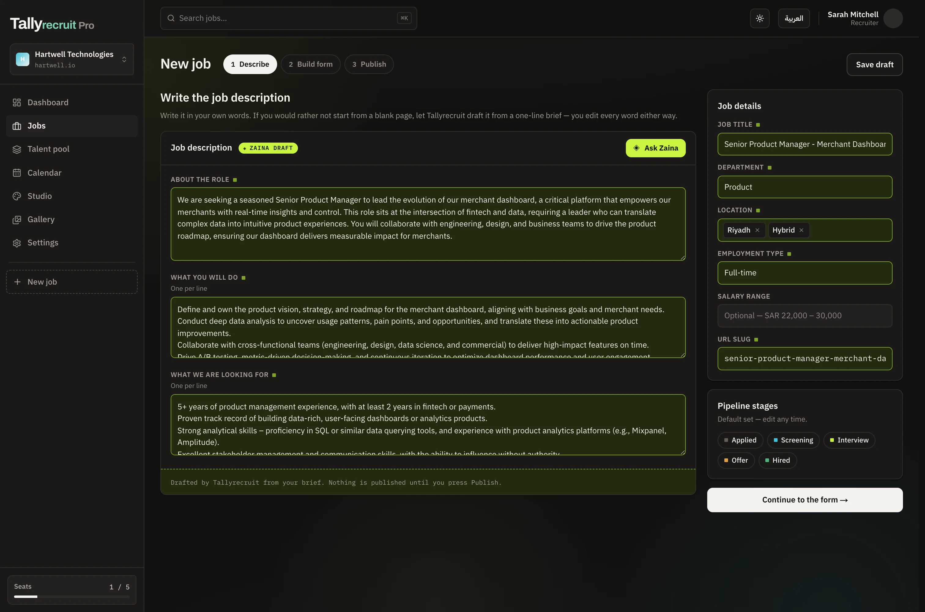 The Tallyrecruit job wizard, with Zaina's draft from a one-line description