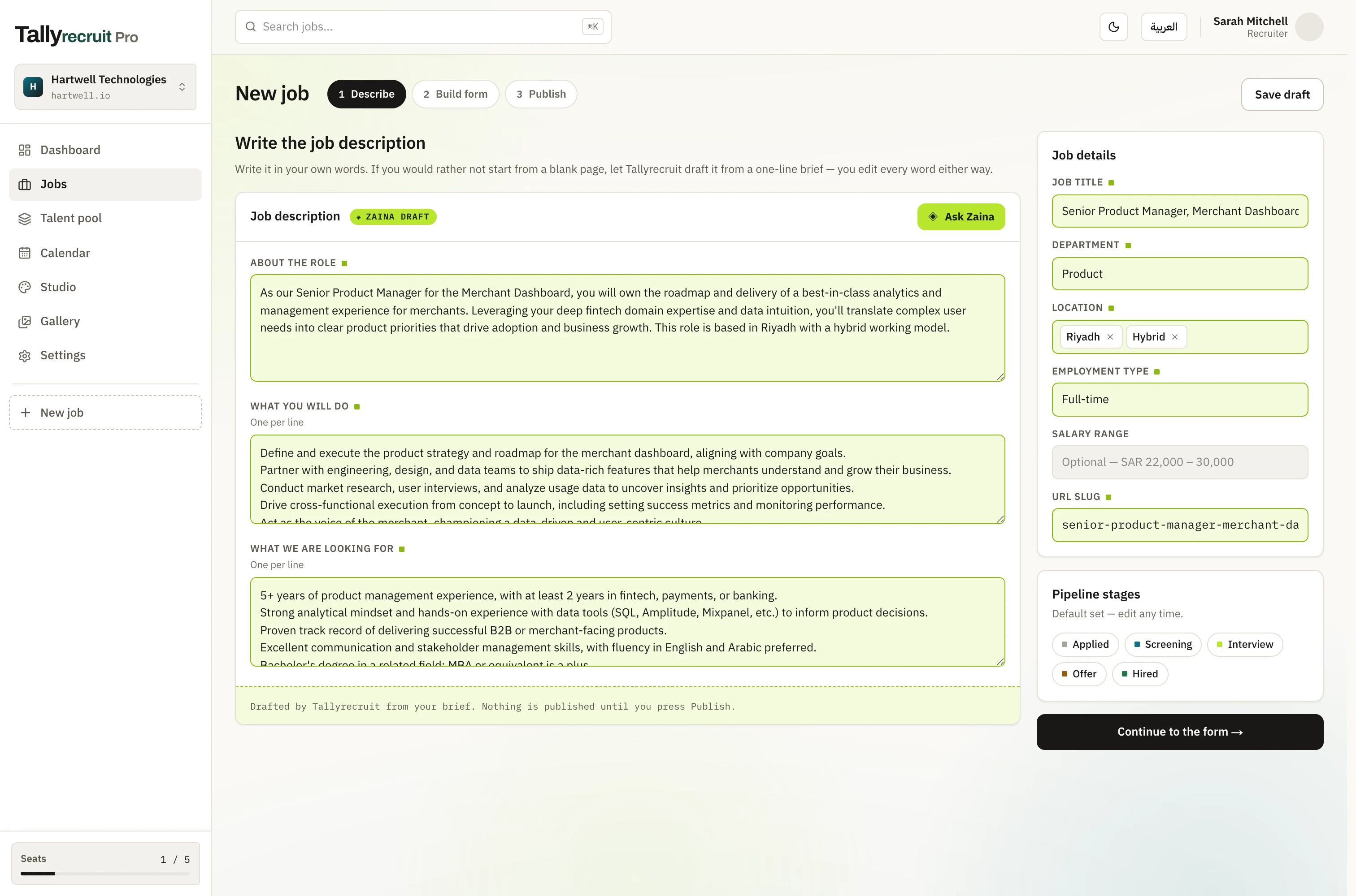 The Tallyrecruit job wizard, with Zaina's draft from a one-line description